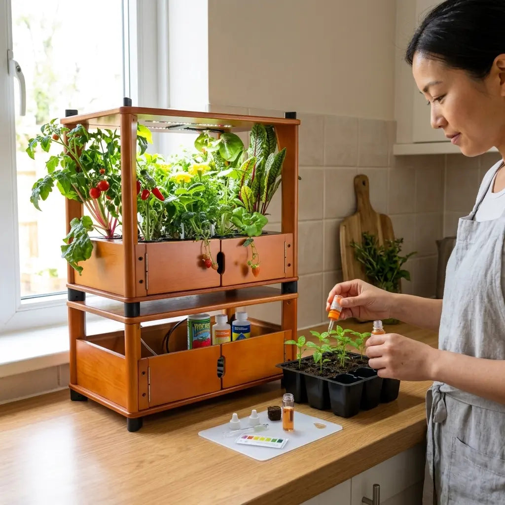 Checking pH with a test kit beside an Aquager hydroponic farm on a wooden kitchen counter
