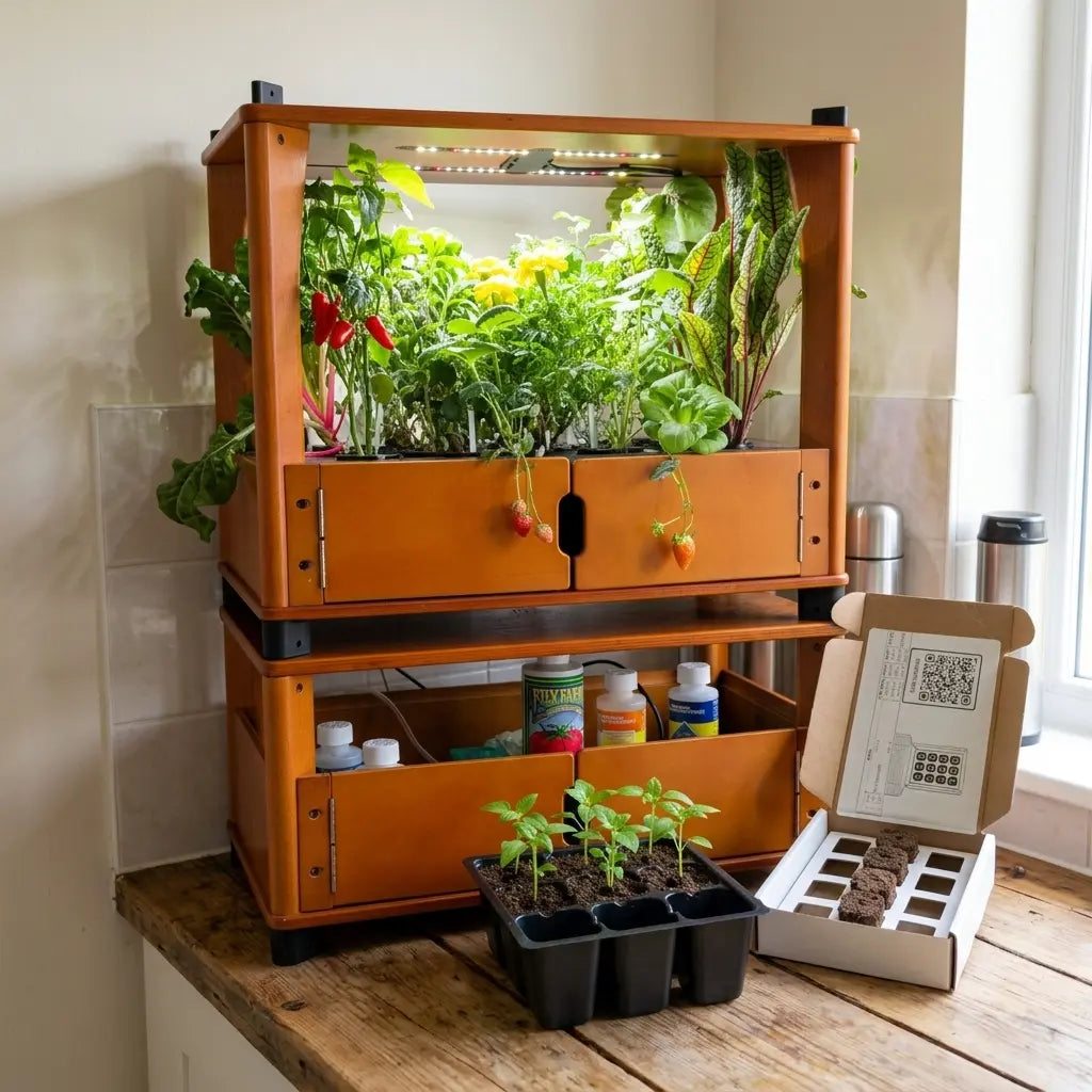 Pre-seeded herb plugs growing in an Aquager wooden hydroponic farm against a kitchen wall