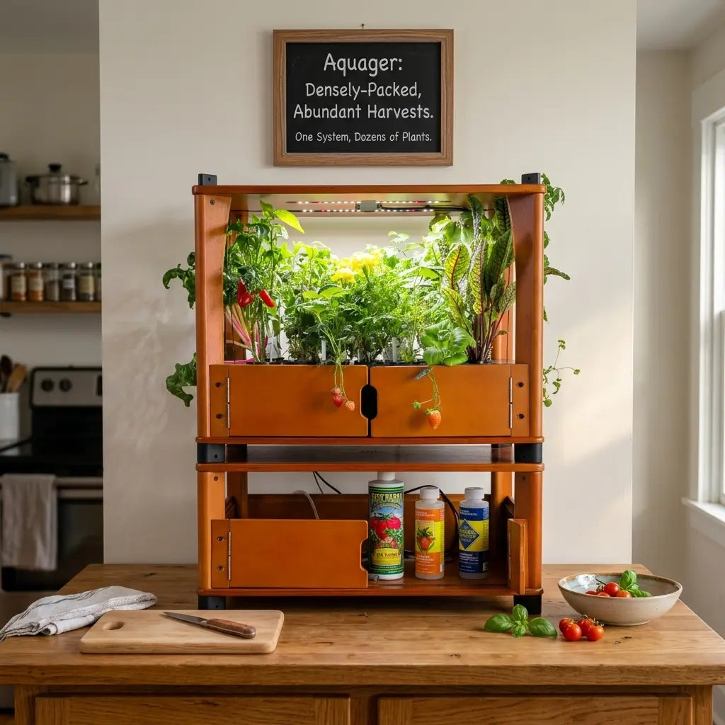 Aquager wooden hydroponic farm against a kitchen wall growing a wide variety of herbs and leafy greens at once