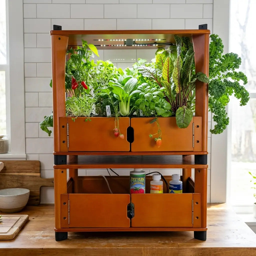 Aquager wooden hydroponic farm against a kitchen wall growing arugula, spinach, and kale at different growth stages