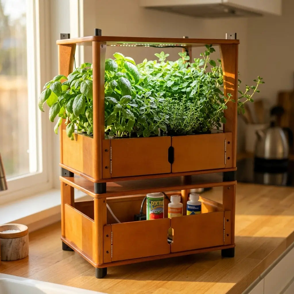 Hydroponic herbs basil, oregano, and thyme growing in an Aquager hydroponic home farm on a kitchen counter