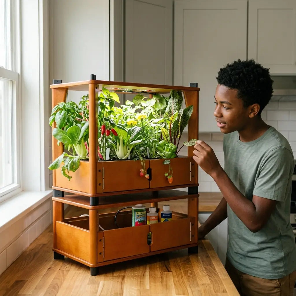 Child and parent observing an Aquager hydroponic home farm as a back to school science project