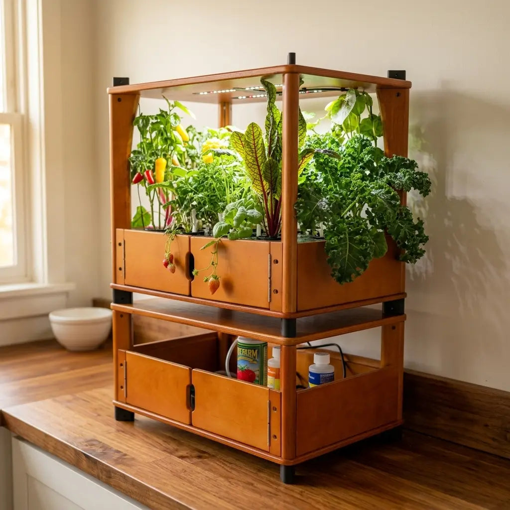 Vibrant curly kale growing in an Aquager hydroponic home farm on a bright kitchen counter