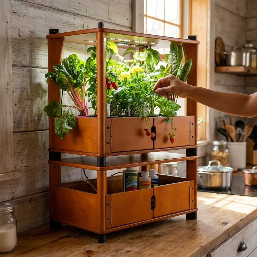 Aquager wooden hydroponic home farm built into a kitchen counter against the wall, compared to other indoor hydroponic systems
