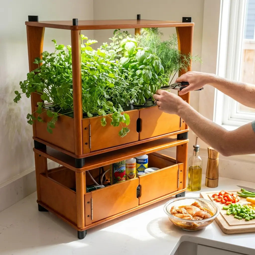 Fresh basil and greens growing in an Aquager indoor hydroponic garden