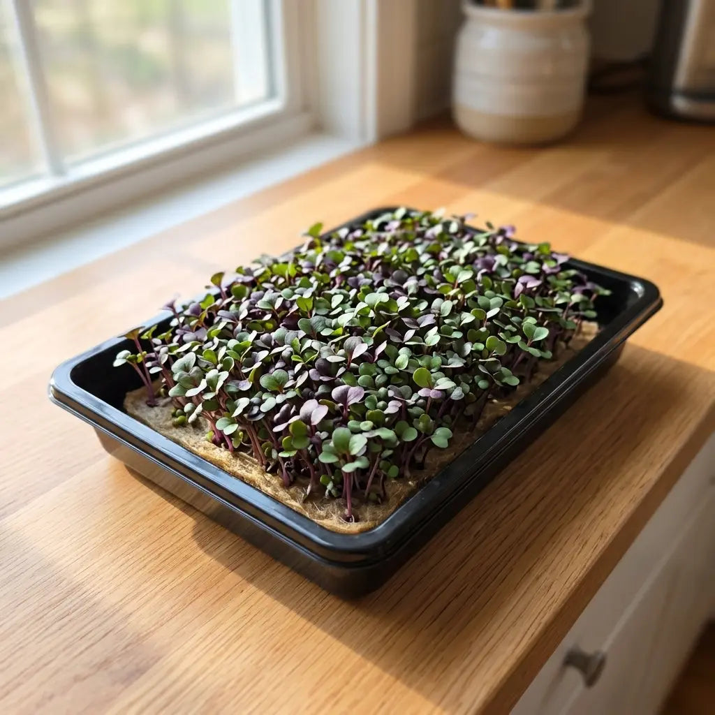 Multicolor Kalefetti kale microgreens growing in a tray on a light brown organic grow mat on a wooden kitchen counter