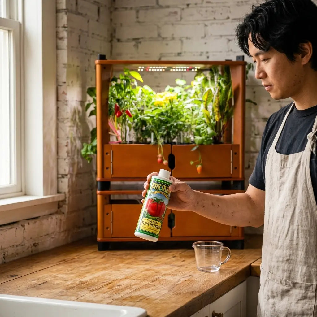 A bottle of liquid plant nutrient concentrate beside an Aquager hydroponic farm with flowering pepper plants