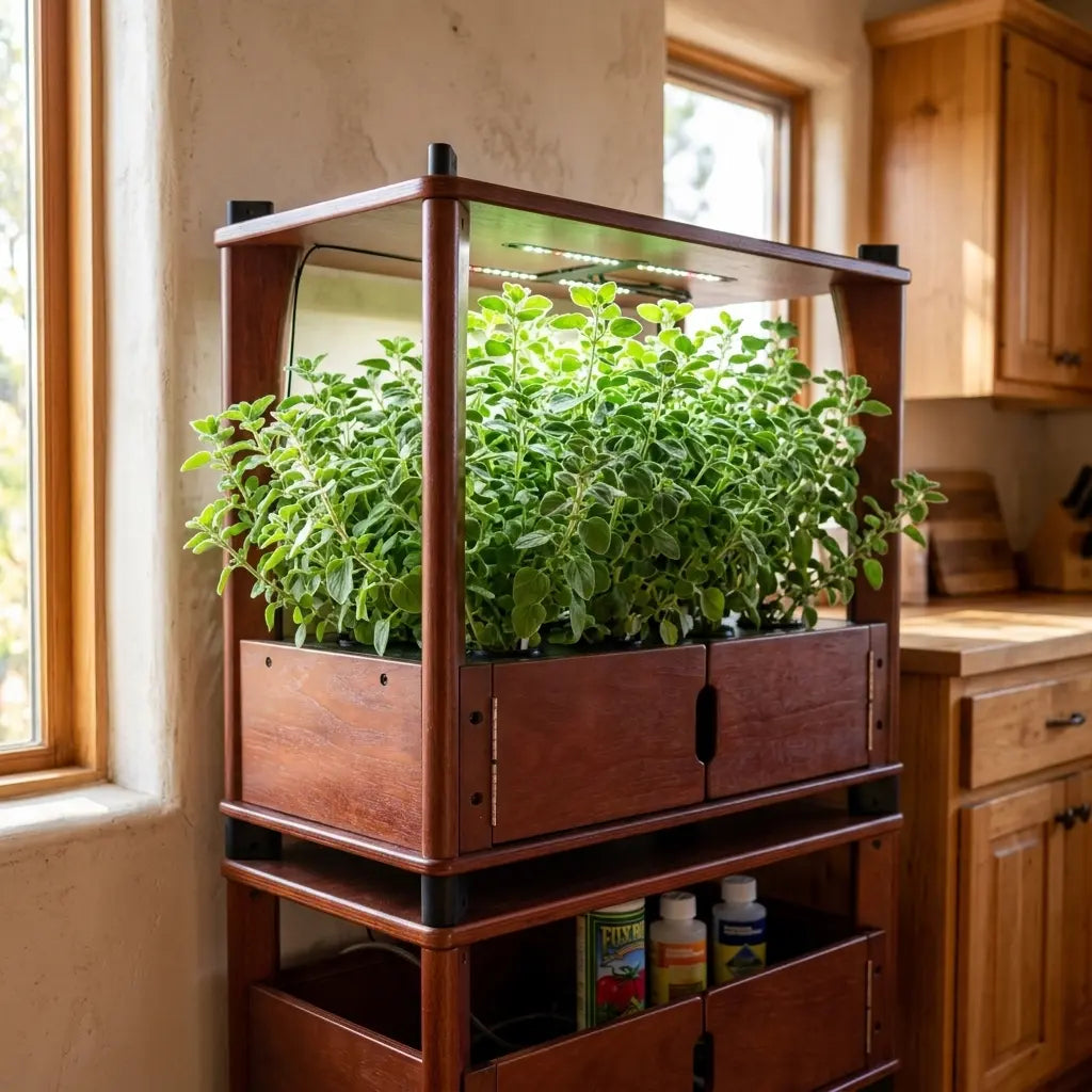 Bushy mature Greek oregano plant growing in an Aquager hydroponic home farm on a wooden kitchen counter