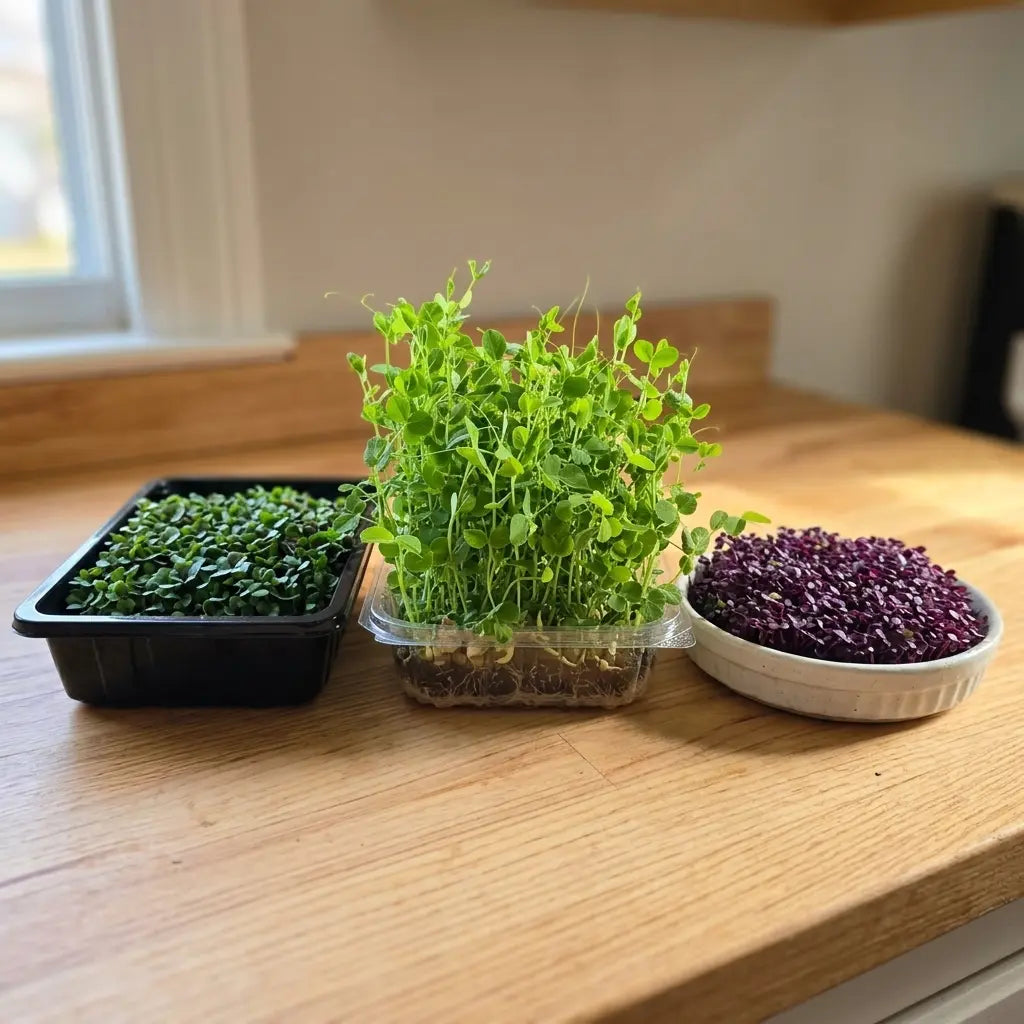 Three microgreen growing containers compared side by side on a kitchen counter, a proper grow tray, a repurposed clamshell, and a shallow dish