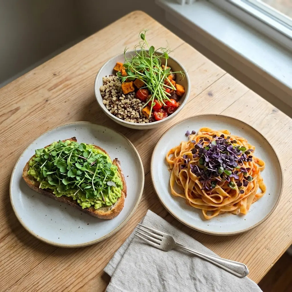Avocado toast with arugula microgreens, a grain bowl with pea shoots, and pasta with basil microgreens arranged on a wooden kitchen table
