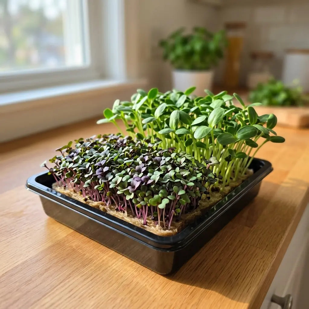 Mixed tray of kale and sunflower microgreens growing on a light brown organic grow mat on a wooden kitchen counter