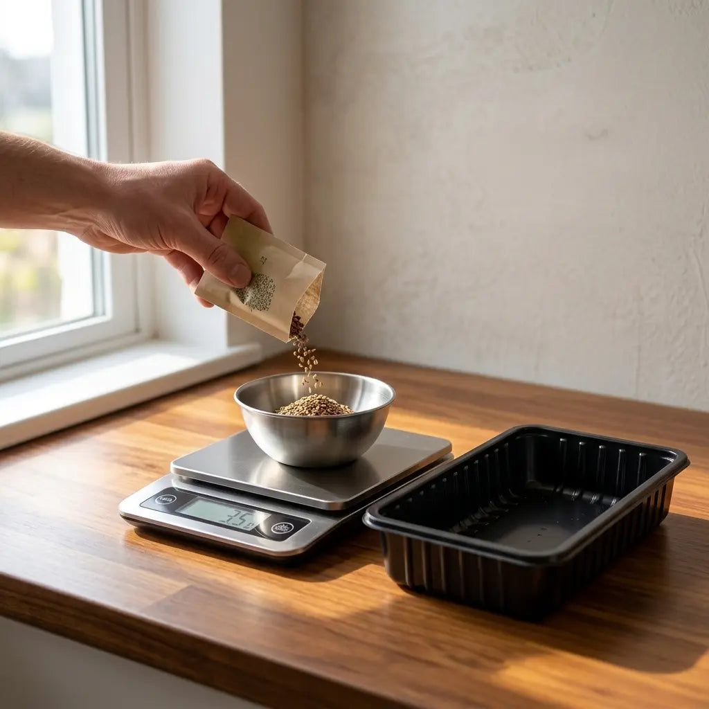 Kitchen scale weighing microgreens seeds next to an empty 10x20 grow tray for measuring seeding density