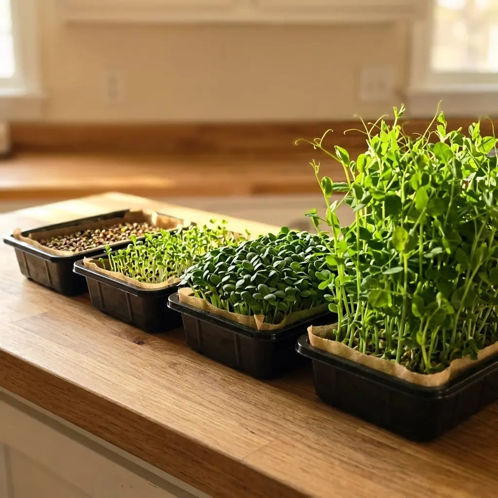 Four microgreens trays on light brown organic grow mats lined up in a staggered rotation from freshly seeded to ready to harvest