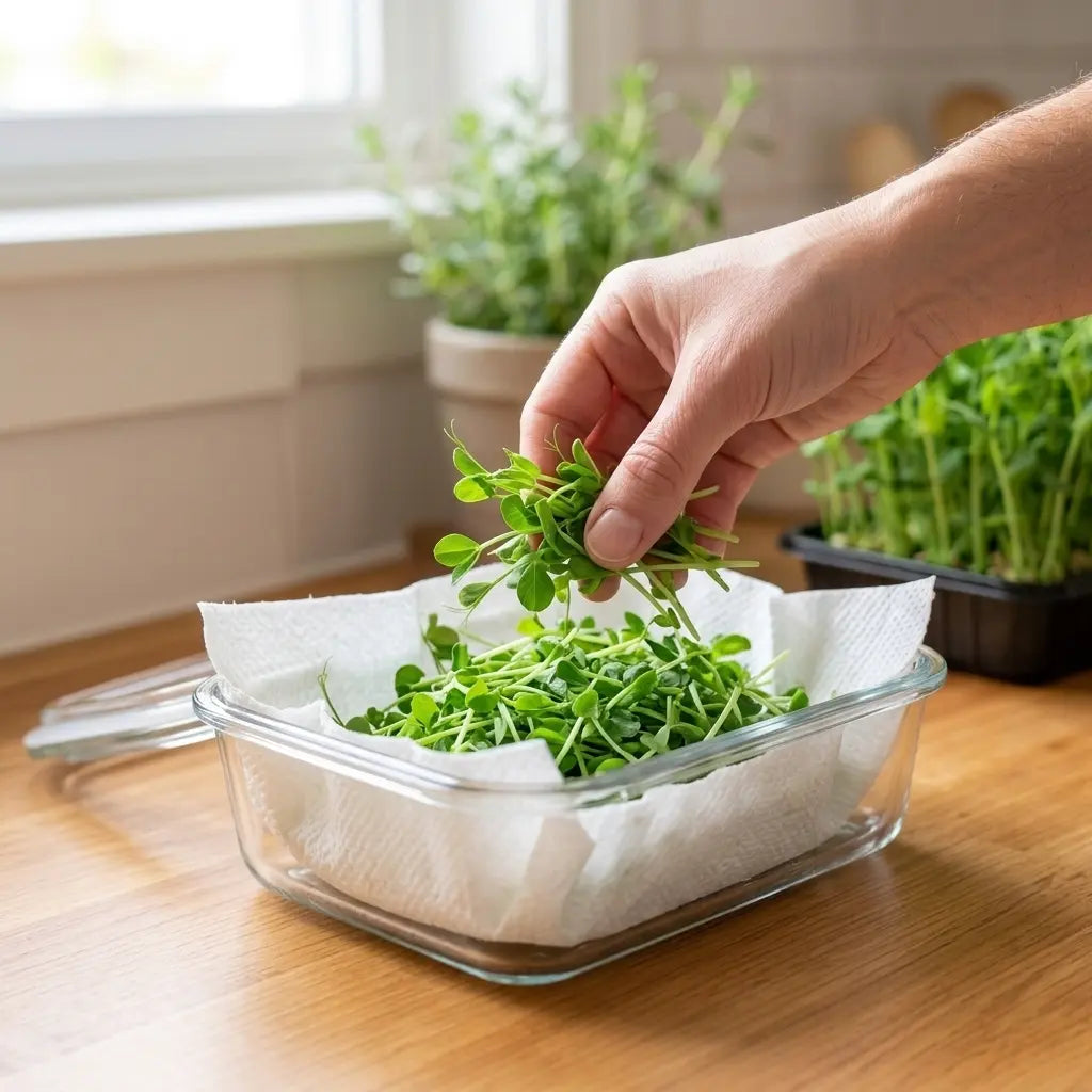 Freshly harvested microgreens stored in a glass container lined with a paper towel for maximum shelf life