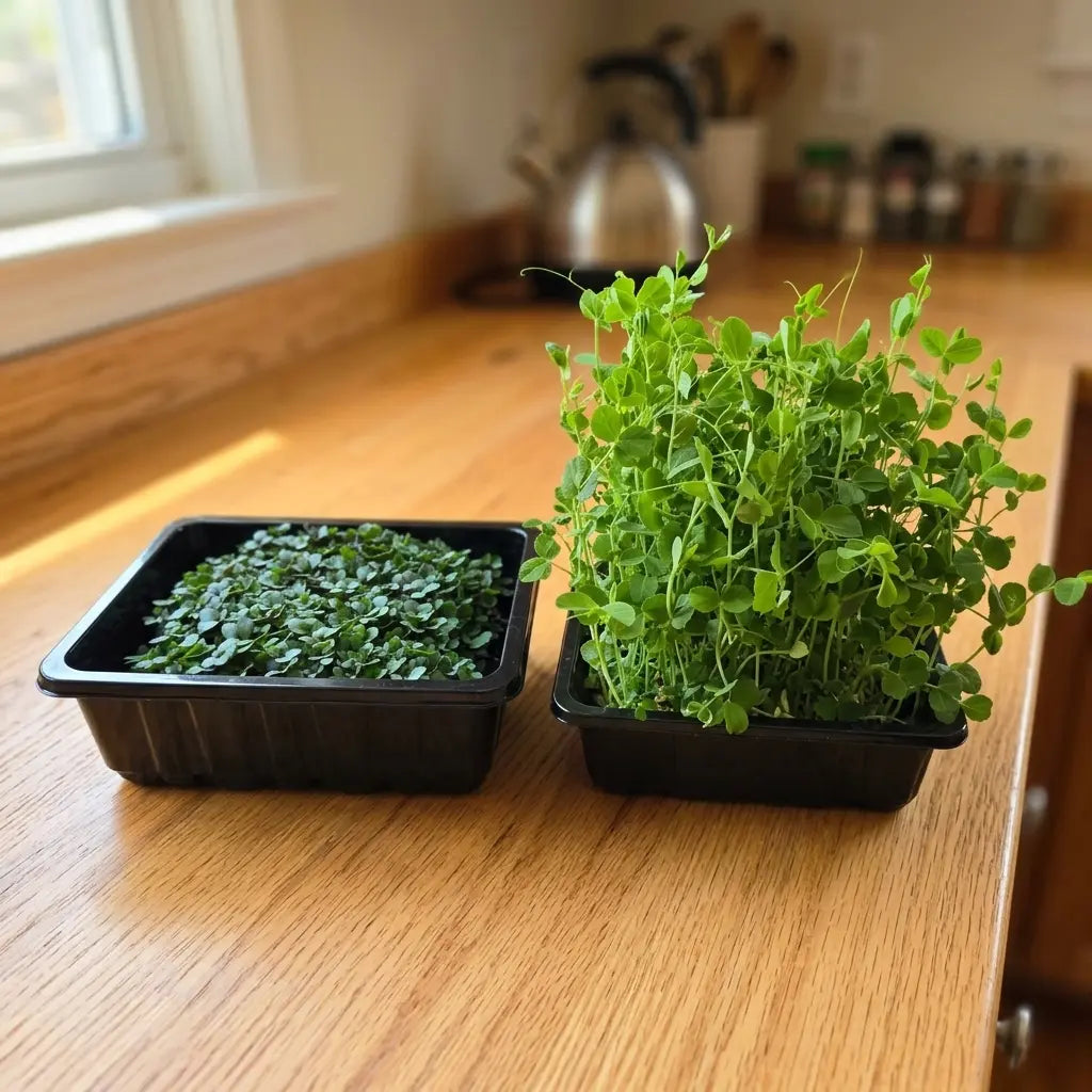 Microgreens tray at cotyledon stage next to a taller baby greens tray at true leaf stage showing the growth stage difference