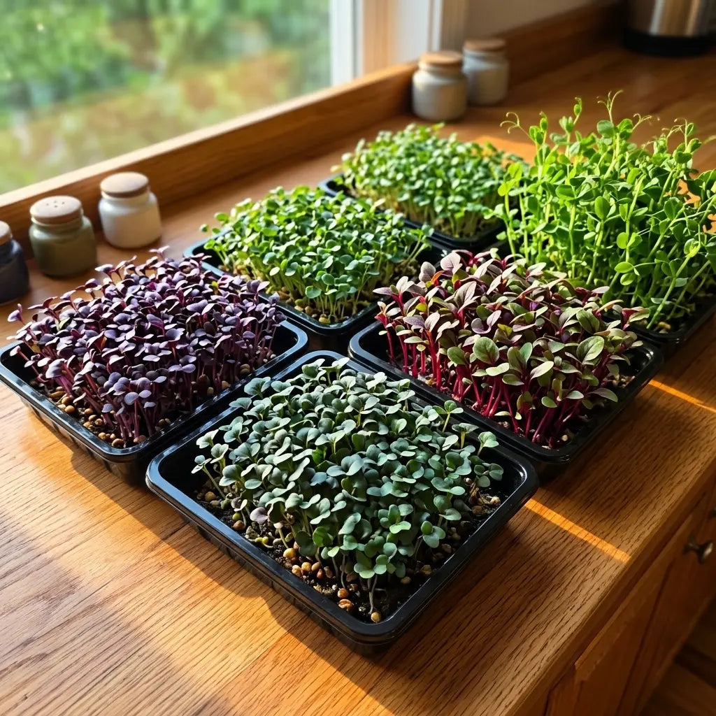 Assortment of the most nutritious microgreens, including broccoli, sunflower, and red amaranth, growing in trays on a kitchen counter