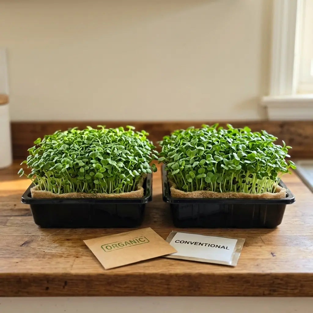 Two microgreens trays growing side by side on light brown organic grow mats with organic and conventional seed packets in front