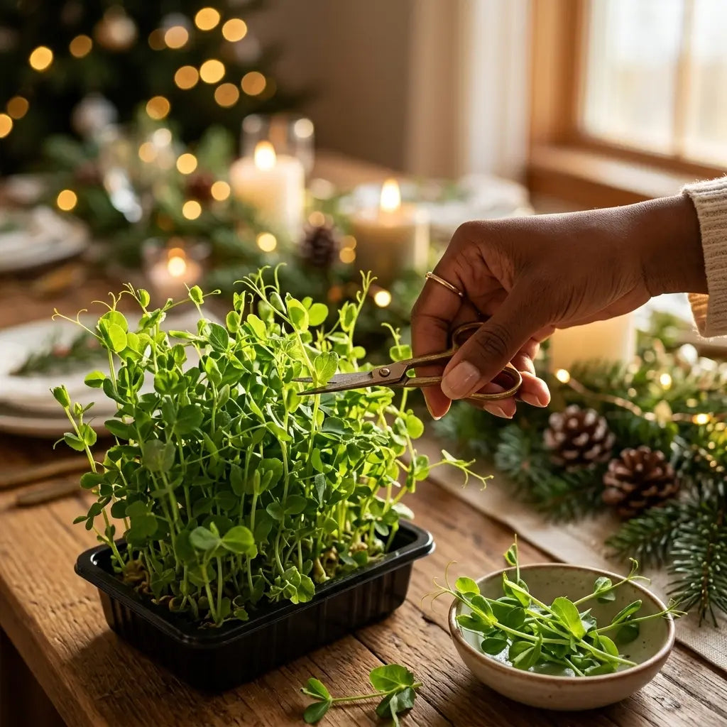 Harvesting fresh pea shoot microgreens with scissors on a festive Thanksgiving table, ready to use as a garnish