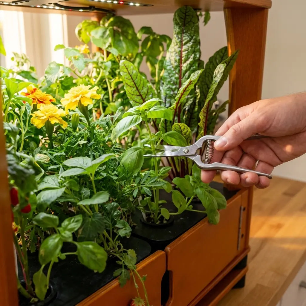 Pruning basil with shears just above a leaf node in an Aquager hydroponic home farm