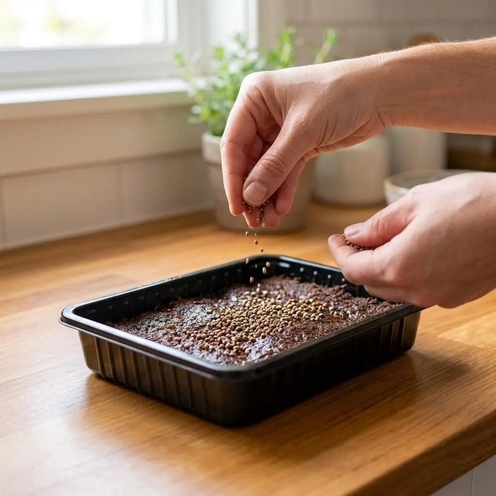 Sprinkling radish microgreens seeds onto a damp grow mat to start a family advent garden on December 1