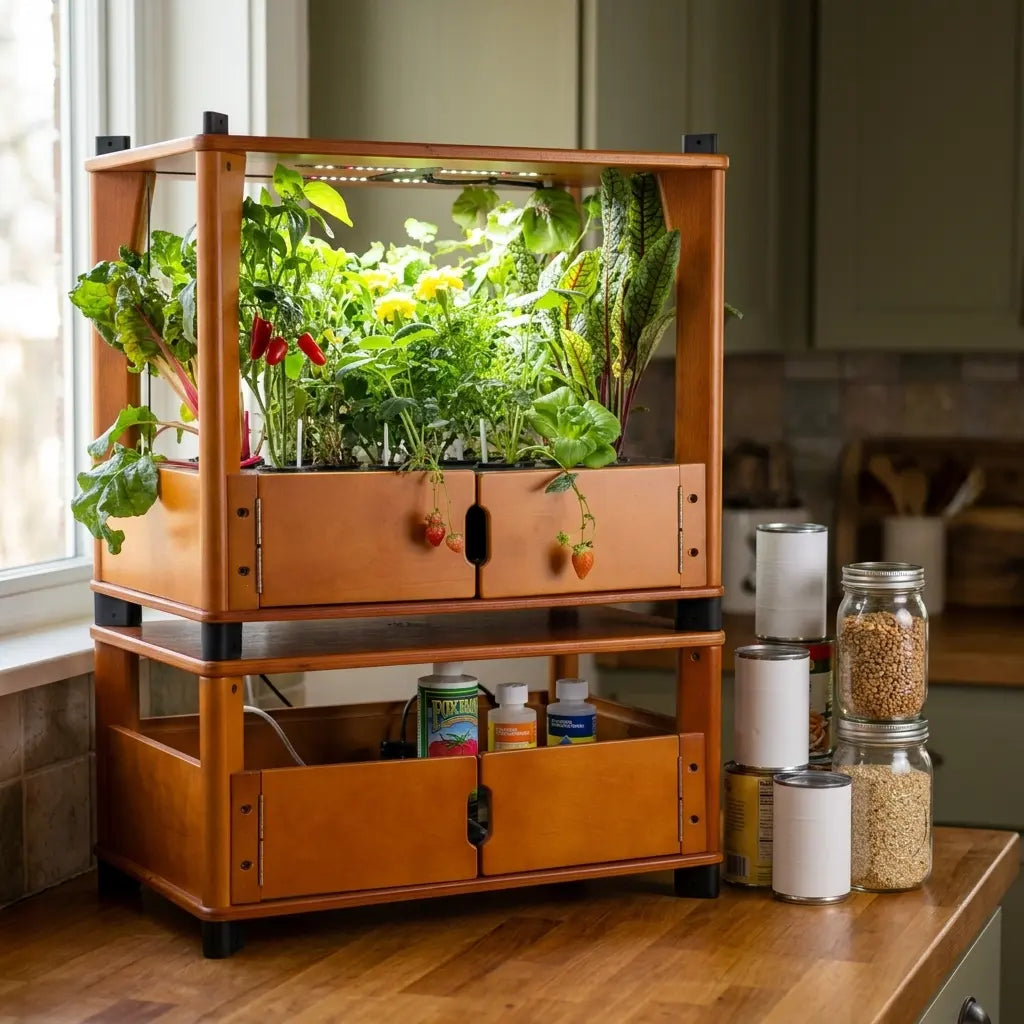 Fresh greens and herbs growing in an Aquager hydroponic home farm beside pantry staples for World Food Day and self sufficiency