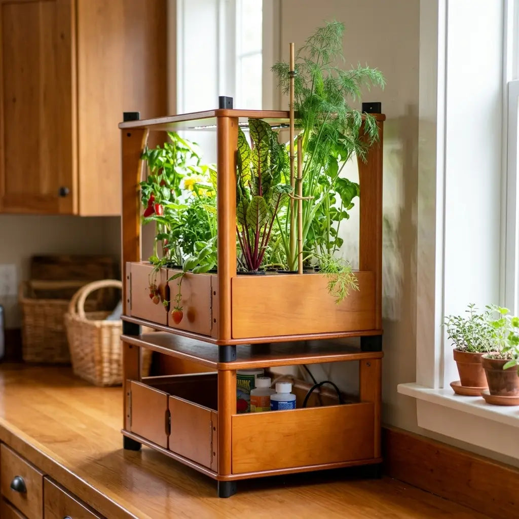 Tall feathery dill plant growing in an Aquager hydroponic home farm with a bamboo stake for support