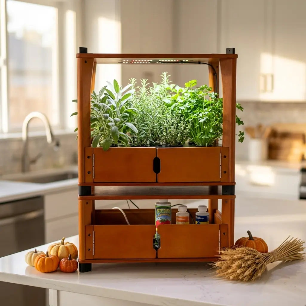 Fresh sage, rosemary, thyme, and parsley growing in an Aquager hydroponic home farm for Thanksgiving cooking