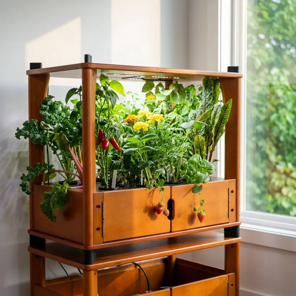 Aquager Chef's Organic Set hydroponic home farm thriving with fresh herbs, a sustainable gift for food lovers