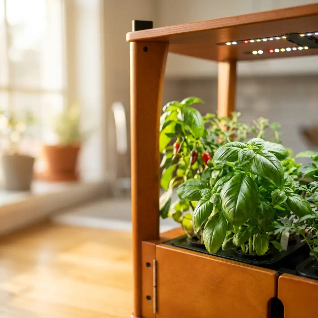 Fresh Genovese basil growing in an Aquager hydroponic home farm, a nutrient-rich Italian herb known for its health benefits