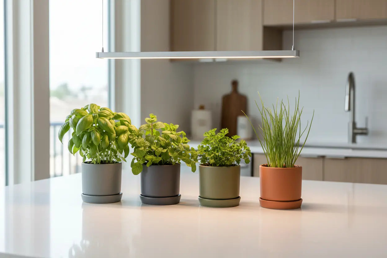 Basil, mint, parsley, and chives growing indoors under LED light in a simple kitchen setup.