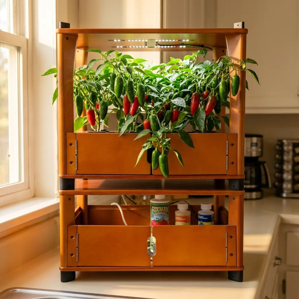 Jalapeno plant growing indoors in an Aquager hydroponic home farm on a kitchen counter