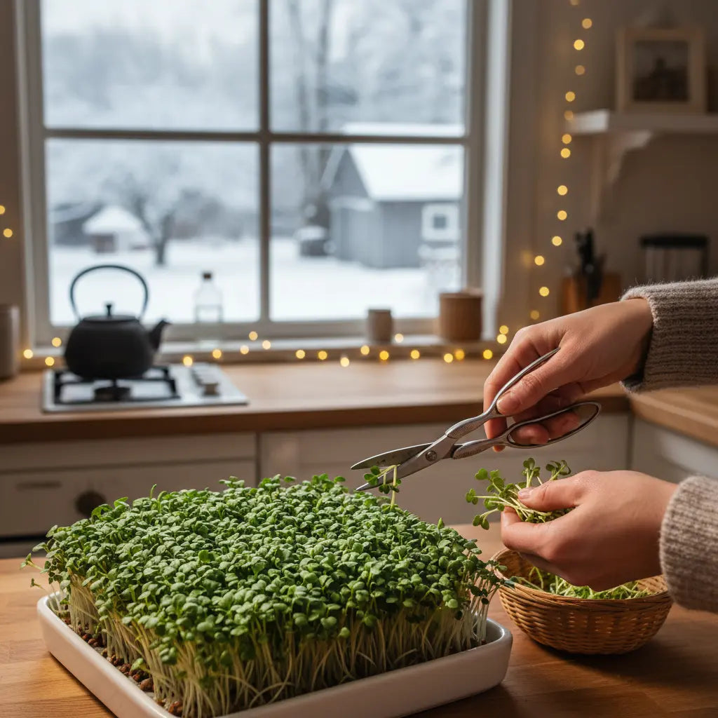 Cutting fresh microgreens indoors by a snowy window in winter