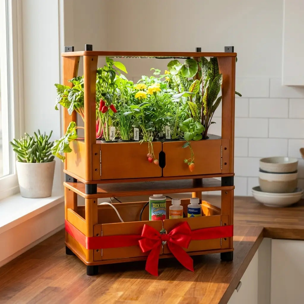 Small hydroponic herb garden gift with basil, chives, parsley, rosemary, and thyme on a first apartment kitchen counter