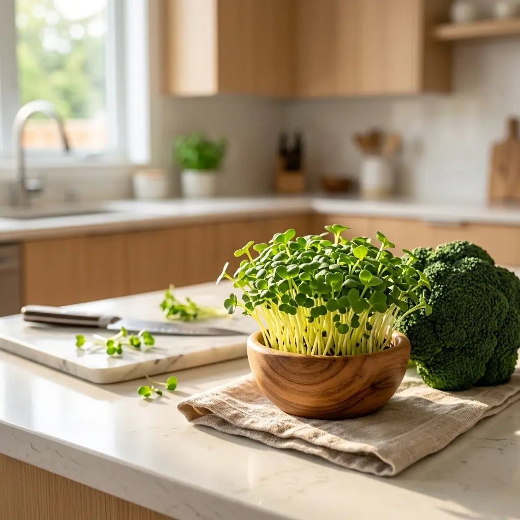 fresh broccoli microgreens next to mature broccoli on a sunlit kitchen counter
