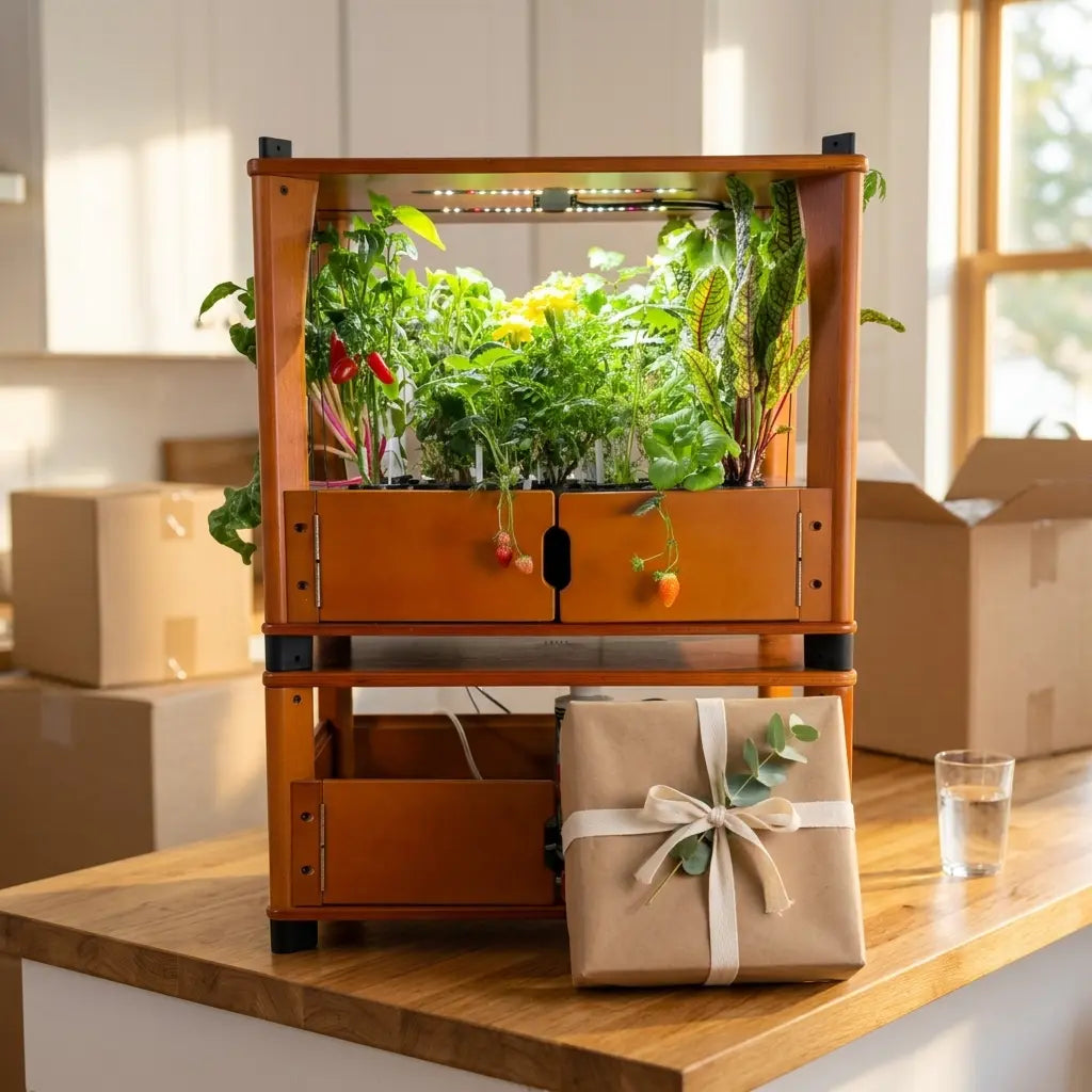 Wrapped housewarming gift beside a thriving hydroponic herb garden in a new home kitchen
