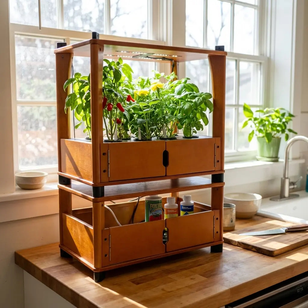 Hydroponic Home Farm thriving with basil and peppers in bright summer solstice daylight, peak growing season