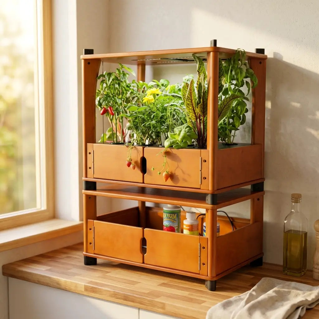 Basil, spinach, and cherry tomatoes growing in an Aquager hydroponic home farm, more nutritious hydroponic vegetables