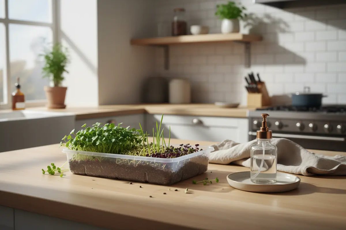 Microgreens tray on a kitchen counter next to a water bottle, showing how little daily care a low maintenance tray needs