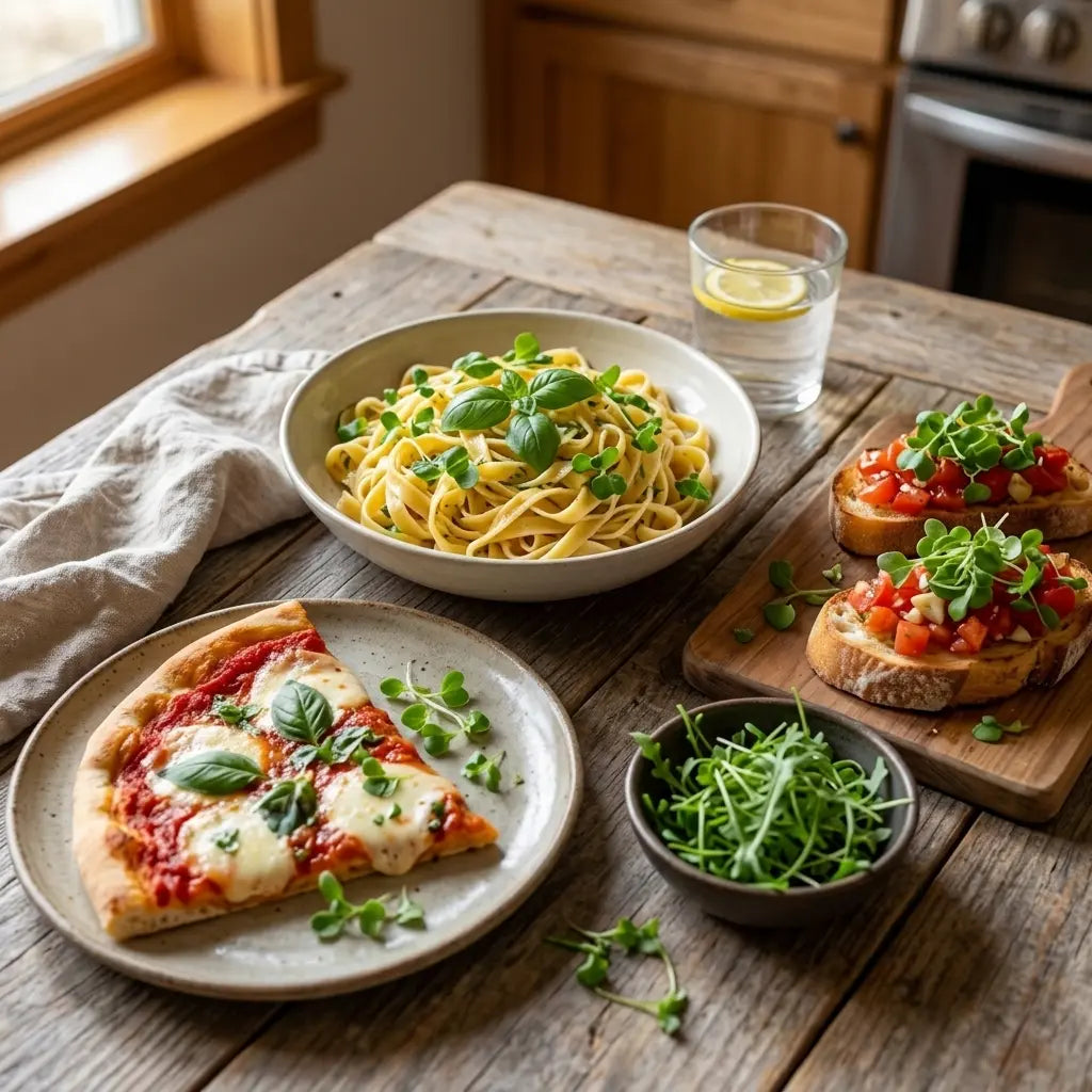 Pizza, pasta and bruschetta topped with arugula and basil microgreens for Italian cooking