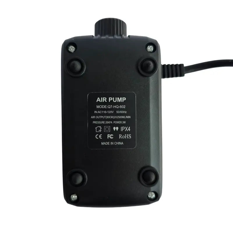 Dual outlet hydroponic air pump by Aquager supplying oxygen to indoor home farm reservoirs