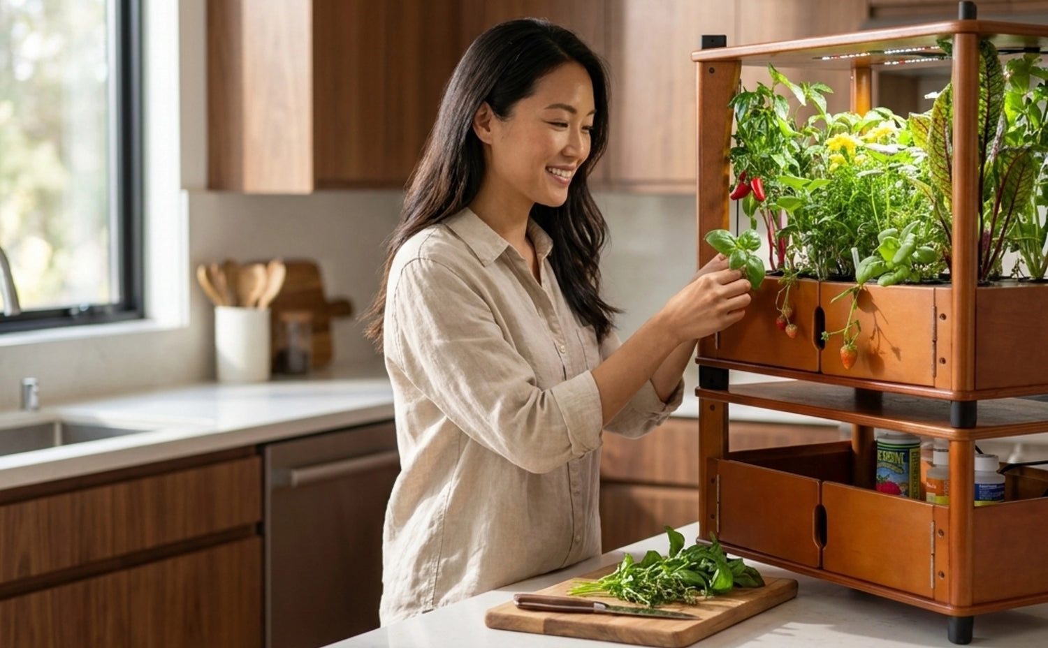 Woman in a kitchen with a wooden kitchen island featuring a herb garden.