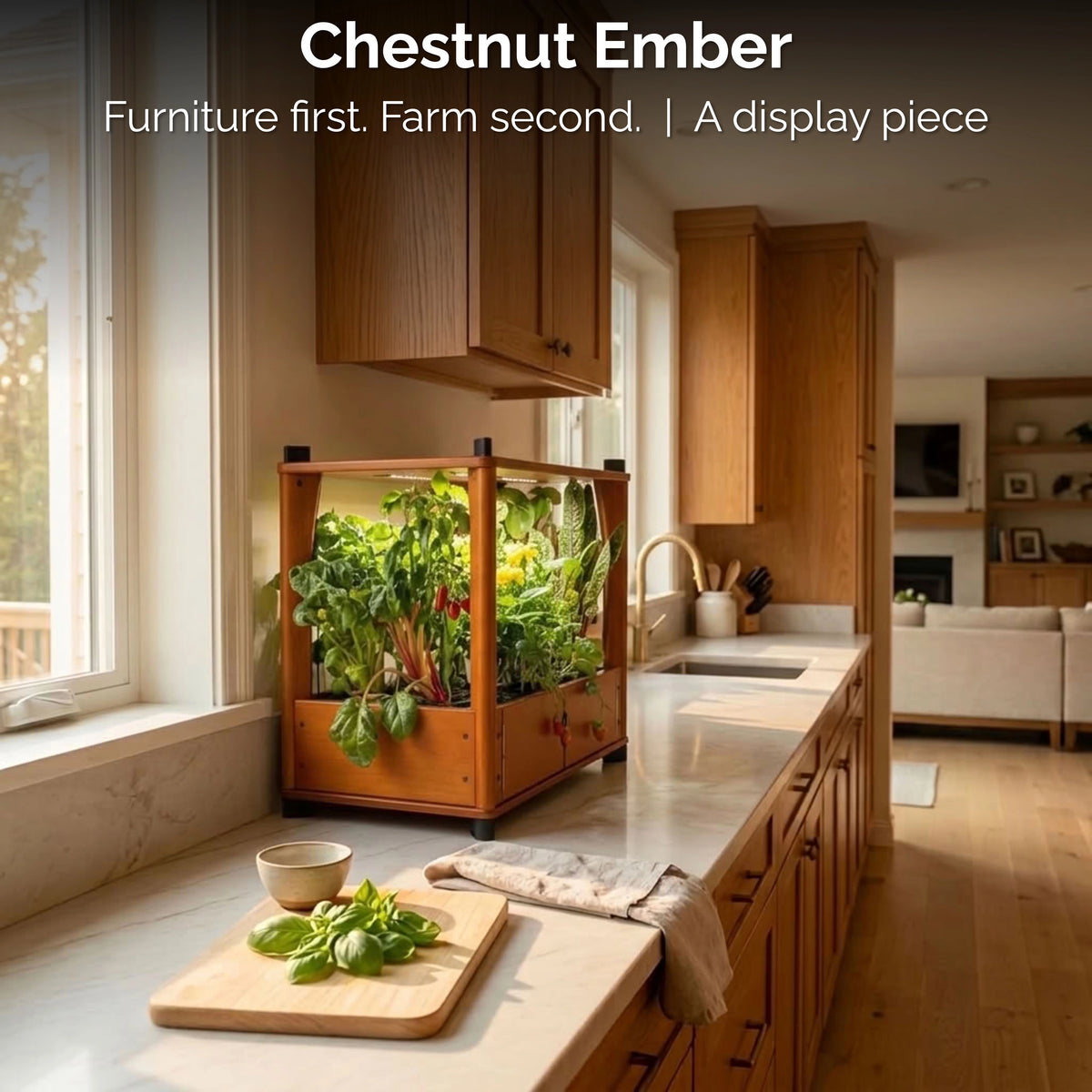 Chestnut Ember Aquager home farm full of leafy greens on a sunlit kitchen counter beside a cutting board with fresh basil.