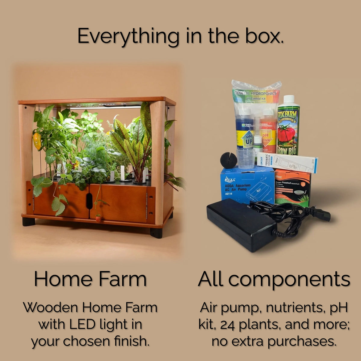 Aquager wooden home farm with LED light next to everything included in the box: air pump, nutrients, pH kit and power adapter.
