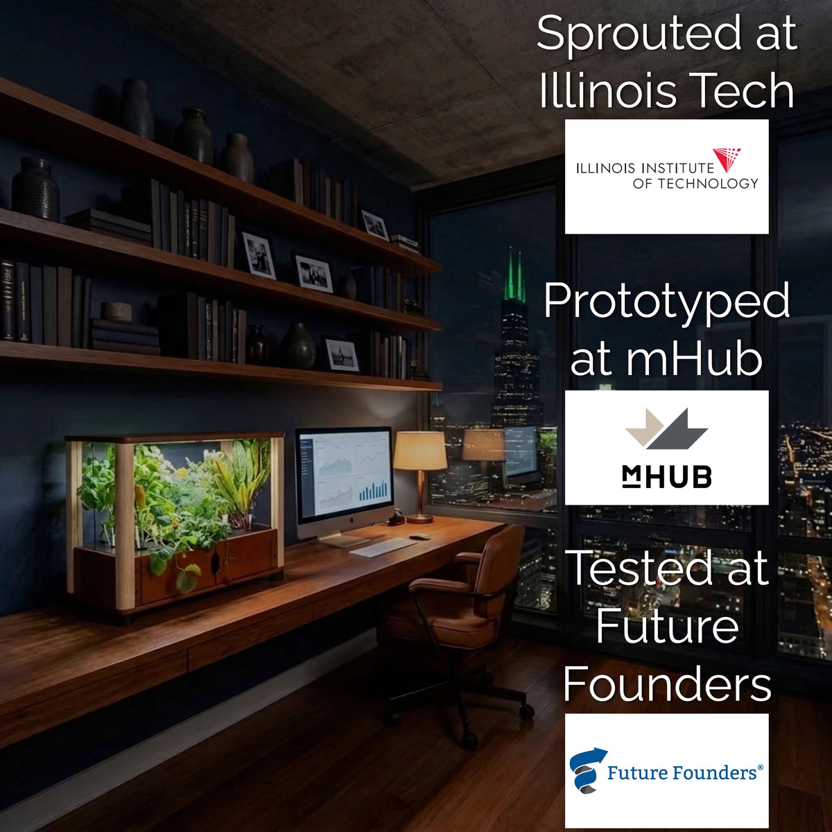Aquager home farm on a desk in a Chicago home office, with logos for Illinois Tech, mHub and Future Founders.