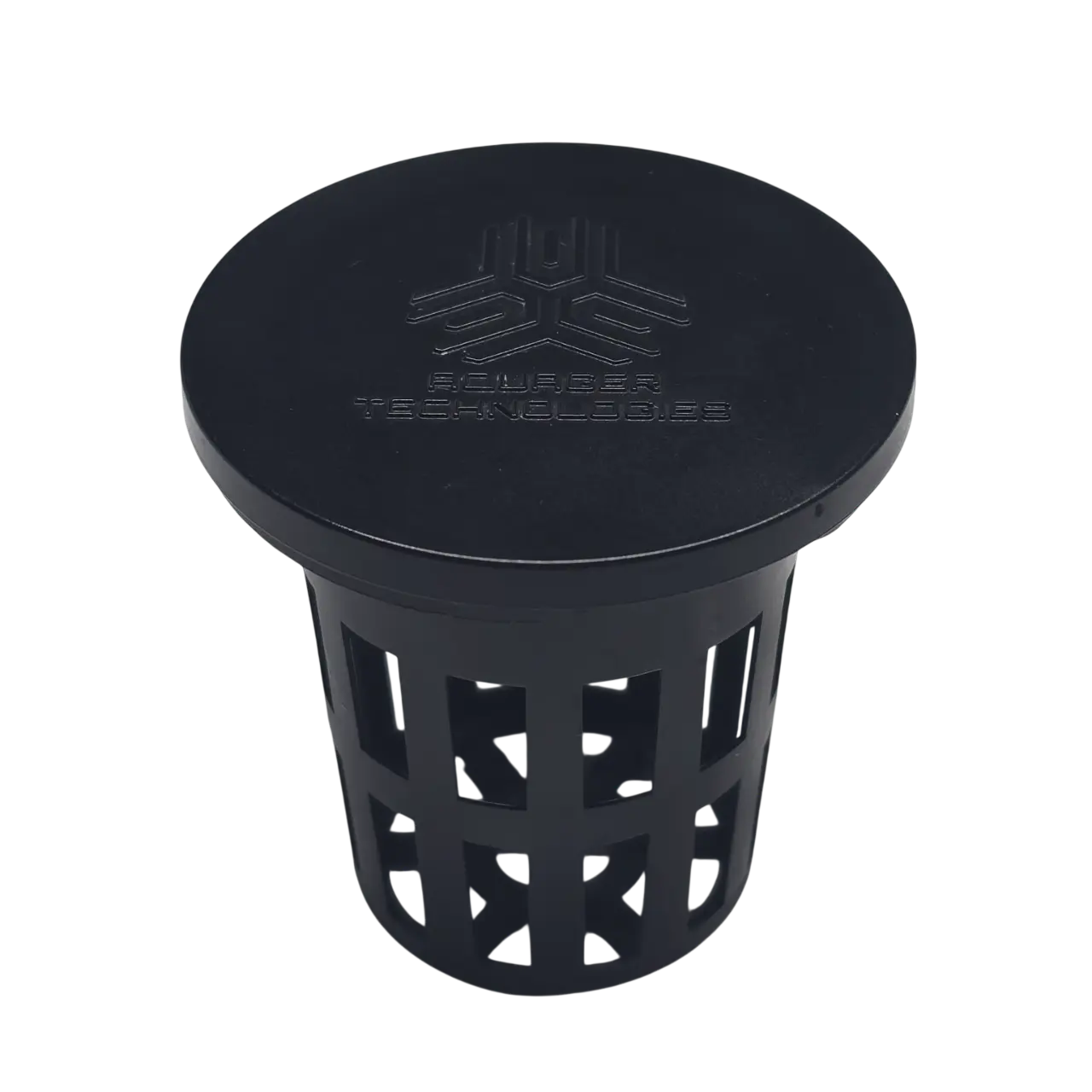 Black Aquager Hydroponic Net Cup Cover with engraved logo designed to block light and fit standard hydroponic net cups