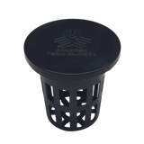 Black Aquager Hydroponic Net Cup Cover with engraved logo designed to block light and fit standard hydroponic net cups