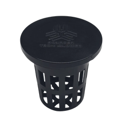 Black Aquager Hydroponic Net Cup Cover with engraved logo designed to block light and fit standard hydroponic net cups