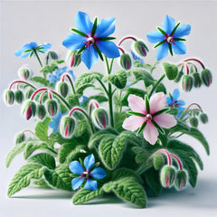 An image displaying a borage plant with abundant blue and pink flowers.