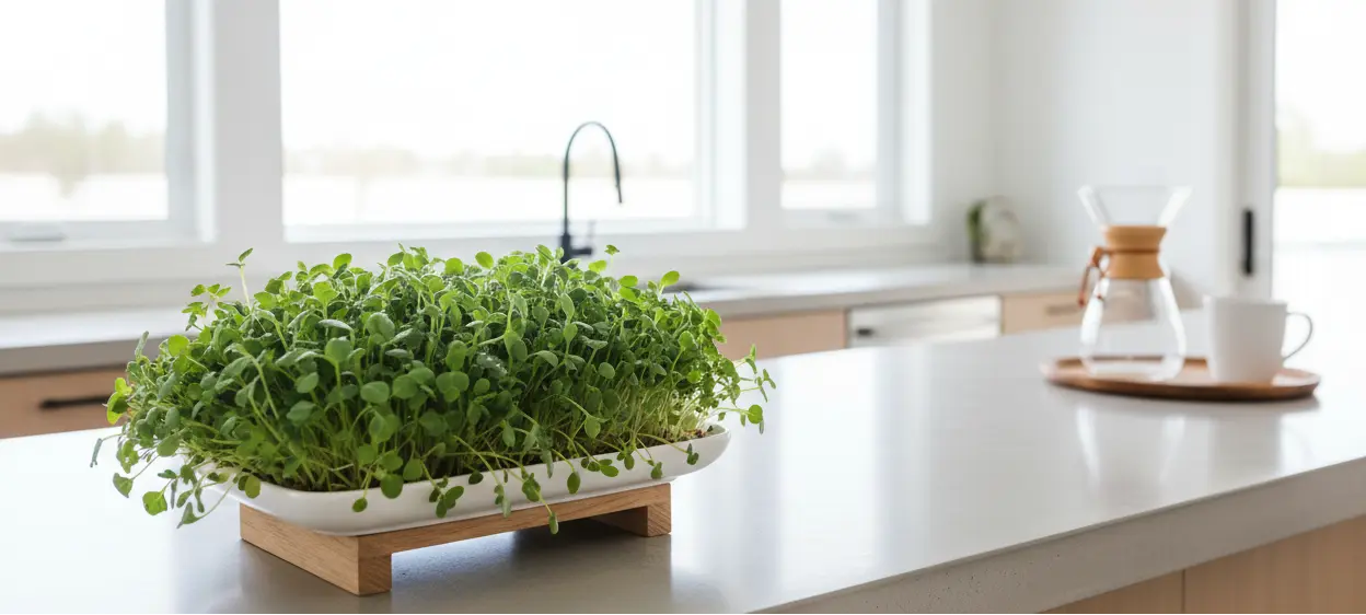 Bright kitchen countertop with a shallow microgreens tray growing dense green microgreens, natural daylight, clean modern home