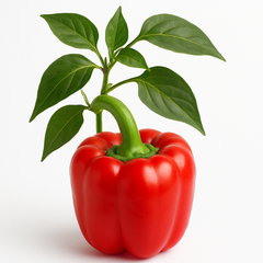Red bell pepper with green leaves on a white background